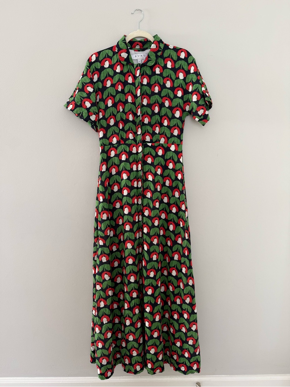 BURU Printed Maxi Shirt Dress Green Red Black Size Small